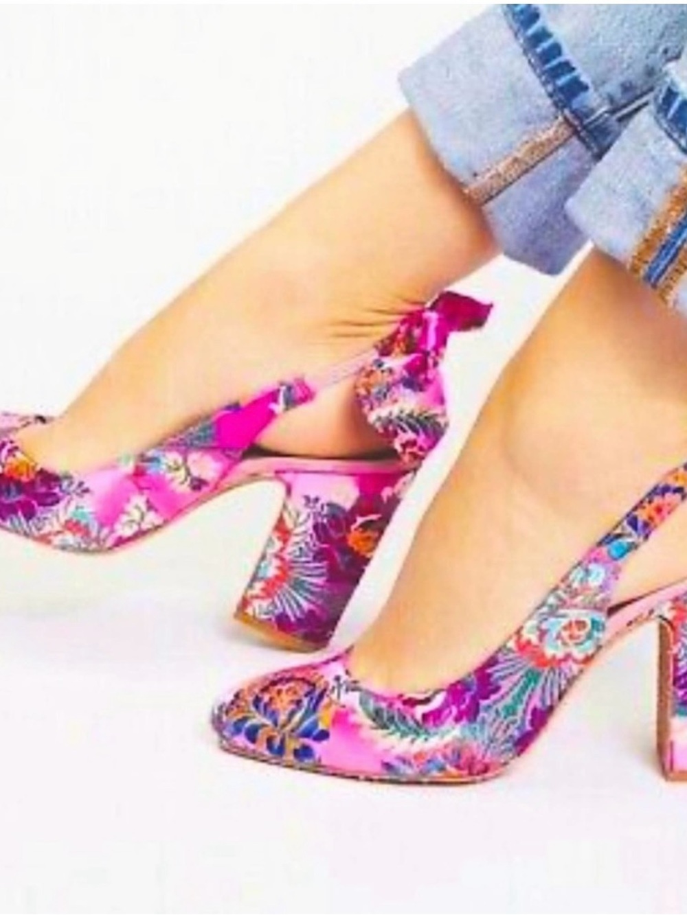 Free People Pink Floral Block Heel Slingbacks